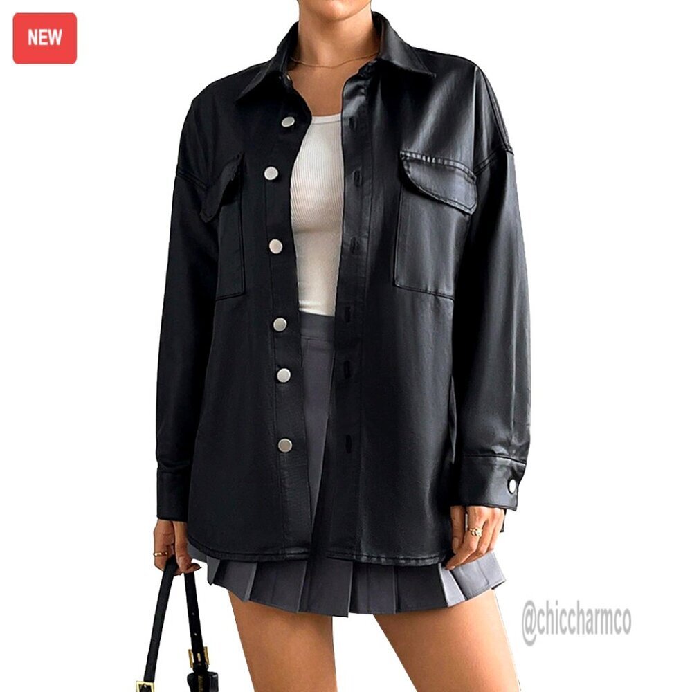 Faux Leather Motorcycle Jacket Loose Fit with Pockets
